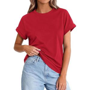 image:imagePRETTYGARDEN Womens Summer Tops 2026 Spring Casual Rolled Short Sleeve Basic Tees Crew Neck Work Shirts Fashion ClothingRed