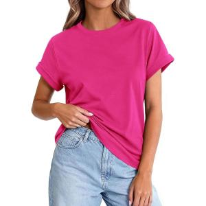 image:imagePRETTYGARDEN Womens Summer Tops 2026 Spring Casual Rolled Short Sleeve Basic Tees Crew Neck Work Shirts Fashion ClothingRose Red