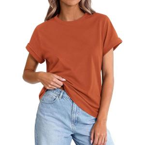 image:imagePRETTYGARDEN Womens Summer Tops 2026 Spring Casual Rolled Short Sleeve Basic Tees Crew Neck Work Shirts Fashion ClothingRust Red