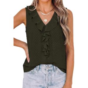 image:imagePRETTYGARDEN Womens Tank Tops 2026 Summer Dressy Casual Blouses Sleeveless Ruffle V Neck Swiss Dot Button Down Work ShirtsArmy Green
