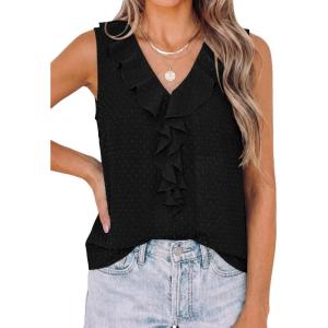 image:imagePRETTYGARDEN Womens Tank Tops 2026 Summer Dressy Casual Blouses Sleeveless Ruffle V Neck Swiss Dot Button Down Work ShirtsBlack