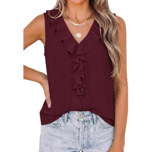 image:imagePRETTYGARDEN Womens Tank Tops 2026 Summer Dressy Casual Blouses Sleeveless Ruffle V Neck Swiss Dot Button Down Work ShirtsBurgundy