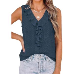 image:imagePRETTYGARDEN Womens Tank Tops 2026 Summer Dressy Casual Blouses Sleeveless Ruffle V Neck Swiss Dot Button Down Work ShirtsDark Blue