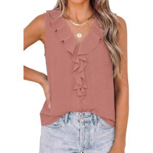 image:imagePRETTYGARDEN Womens Tank Tops 2026 Summer Dressy Casual Blouses Sleeveless Ruffle V Neck Swiss Dot Button Down Work ShirtsDusty Pink