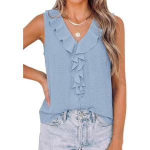 image:imagePRETTYGARDEN Womens Tank Tops 2026 Summer Dressy Casual Blouses Sleeveless Ruffle V Neck Swiss Dot Button Down Work ShirtsLight Blue