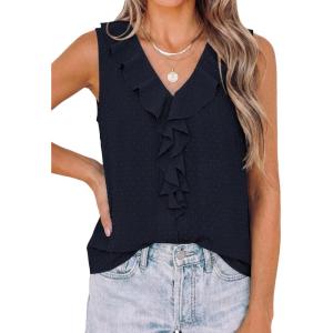 image:imagePRETTYGARDEN Womens Tank Tops 2026 Summer Dressy Casual Blouses Sleeveless Ruffle V Neck Swiss Dot Button Down Work ShirtsNavy Blue