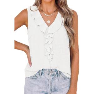 image:imagePRETTYGARDEN Womens Tank Tops 2026 Summer Dressy Casual Blouses Sleeveless Ruffle V Neck Swiss Dot Button Down Work ShirtsOffwhite