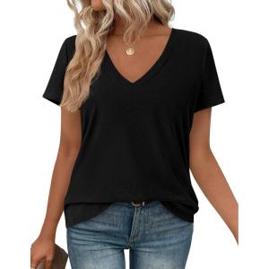 image:imagePRETTYGARDEN Womens Tops Short Sleeve Oversized Tshirts Shirts 2026 Summer Casual V Neck Loose Basic Tees Spring Tunic BlouseBlack