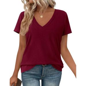 image:imagePRETTYGARDEN Womens Tops Short Sleeve Oversized Tshirts Shirts 2026 Summer Casual V Neck Loose Basic Tees Spring Tunic BlouseBurgundy