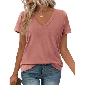 image:imagePRETTYGARDEN Womens Tops Short Sleeve Oversized Tshirts Shirts 2026 Summer Casual V Neck Loose Basic Tees Spring Tunic BlouseCoral Pink