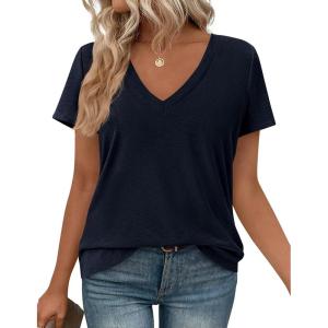 image:imagePRETTYGARDEN Womens Tops Short Sleeve Oversized Tshirts Shirts 2026 Summer Casual V Neck Loose Basic Tees Spring Tunic BlouseDark Blue