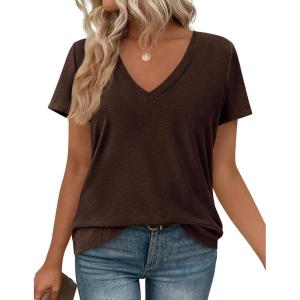 image:imagePRETTYGARDEN Womens Tops Short Sleeve Oversized Tshirts Shirts 2026 Summer Casual V Neck Loose Basic Tees Spring Tunic BlouseDark Brown