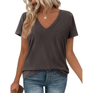 image:imagePRETTYGARDEN Womens Tops Short Sleeve Oversized Tshirts Shirts 2026 Summer Casual V Neck Loose Basic Tees Spring Tunic BlouseDark Grey