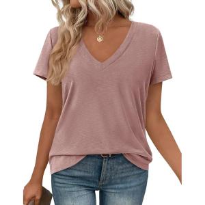 image:imagePRETTYGARDEN Womens Tops Short Sleeve Oversized Tshirts Shirts 2026 Summer Casual V Neck Loose Basic Tees Spring Tunic BlouseDusty Pink