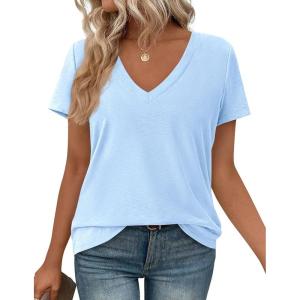 image:imagePRETTYGARDEN Womens Tops Short Sleeve Oversized Tshirts Shirts 2026 Summer Casual V Neck Loose Basic Tees Spring Tunic BlouseLight Blue