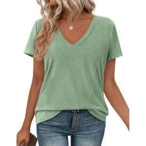 image:imagePRETTYGARDEN Womens Tops Short Sleeve Oversized Tshirts Shirts 2026 Summer Casual V Neck Loose Basic Tees Spring Tunic BlouseLight Green
