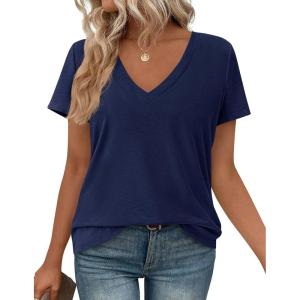 image:imagePRETTYGARDEN Womens Tops Short Sleeve Oversized Tshirts Shirts 2026 Summer Casual V Neck Loose Basic Tees Spring Tunic BlouseNavy Blue