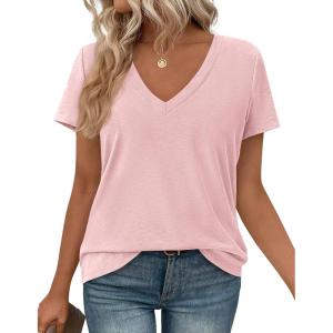 image:imagePRETTYGARDEN Womens Tops Short Sleeve Oversized Tshirts Shirts 2026 Summer Casual V Neck Loose Basic Tees Spring Tunic BlousePink