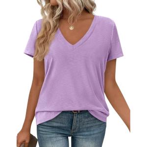 image:imagePRETTYGARDEN Womens Tops Short Sleeve Oversized Tshirts Shirts 2026 Summer Casual V Neck Loose Basic Tees Spring Tunic BlousePurple
