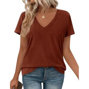 image:imagePRETTYGARDEN Womens Tops Short Sleeve Oversized Tshirts Shirts 2026 Summer Casual V Neck Loose Basic Tees Spring Tunic BlouseRust Red