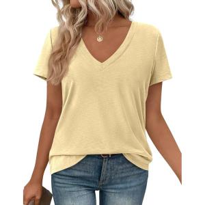 image:imagePRETTYGARDEN Womens Tops Short Sleeve Oversized Tshirts Shirts 2026 Summer Casual V Neck Loose Basic Tees Spring Tunic BlouseYellow