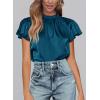 image:imagePRETTYGARDEN Business Casual Tops for Women Blouses Dressy 2026 Summer Short Sleeve Ruffle Satin Work Office AttireDark Sea Blue