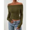image:imagePRETTYGARDEN Long Sleeve Shirts for Women 2026 Fall Ruched Sides Boat Neck Basic Tee Casual Fitted Ribbed Knit Crop TopsArmy Green