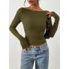 image:imagePRETTYGARDEN Long Sleeve Shirts for Women 2026 Fall Ruched Sides Boat Neck Basic Tee Casual Fitted Ribbed Knit Crop TopsArmy Green