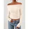 image:imagePRETTYGARDEN Long Sleeve Shirts for Women 2026 Fall Ruched Sides Boat Neck Basic Tee Casual Fitted Ribbed Knit Crop TopsBeige