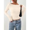 image:imagePRETTYGARDEN Long Sleeve Shirts for Women 2026 Fall Ruched Sides Boat Neck Basic Tee Casual Fitted Ribbed Knit Crop TopsBeige