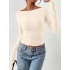 image:imagePRETTYGARDEN Long Sleeve Shirts for Women 2026 Fall Ruched Sides Boat Neck Basic Tee Casual Fitted Ribbed Knit Crop TopsBeige