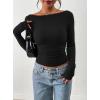 image:imagePRETTYGARDEN Long Sleeve Shirts for Women 2026 Fall Ruched Sides Boat Neck Basic Tee Casual Fitted Ribbed Knit Crop TopsBlack