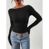 image:imagePRETTYGARDEN Long Sleeve Shirts for Women 2026 Fall Ruched Sides Boat Neck Basic Tee Casual Fitted Ribbed Knit Crop TopsBlack