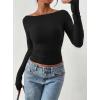 image:imagePRETTYGARDEN Long Sleeve Shirts for Women 2026 Fall Ruched Sides Boat Neck Basic Tee Casual Fitted Ribbed Knit Crop TopsBlack