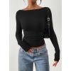 image:imagePRETTYGARDEN Long Sleeve Shirts for Women 2026 Fall Ruched Sides Boat Neck Basic Tee Casual Fitted Ribbed Knit Crop TopsBlack
