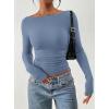 image:imagePRETTYGARDEN Long Sleeve Shirts for Women 2026 Fall Ruched Sides Boat Neck Basic Tee Casual Fitted Ribbed Knit Crop TopsBlue Grey