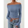 image:imagePRETTYGARDEN Long Sleeve Shirts for Women 2026 Fall Ruched Sides Boat Neck Basic Tee Casual Fitted Ribbed Knit Crop TopsBlue Grey