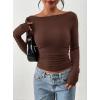 image:imagePRETTYGARDEN Long Sleeve Shirts for Women 2026 Fall Ruched Sides Boat Neck Basic Tee Casual Fitted Ribbed Knit Crop TopsBrown