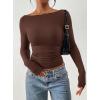 image:imagePRETTYGARDEN Long Sleeve Shirts for Women 2026 Fall Ruched Sides Boat Neck Basic Tee Casual Fitted Ribbed Knit Crop TopsBrown