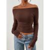 image:imagePRETTYGARDEN Long Sleeve Shirts for Women 2026 Fall Ruched Sides Boat Neck Basic Tee Casual Fitted Ribbed Knit Crop TopsBrown