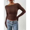 image:imagePRETTYGARDEN Long Sleeve Shirts for Women 2026 Fall Ruched Sides Boat Neck Basic Tee Casual Fitted Ribbed Knit Crop TopsBrown