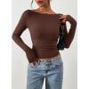 image:imagePRETTYGARDEN Long Sleeve Shirts for Women 2026 Fall Ruched Sides Boat Neck Basic Tee Casual Fitted Ribbed Knit Crop TopsBrown