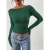 image:imagePRETTYGARDEN Long Sleeve Shirts for Women 2026 Fall Ruched Sides Boat Neck Basic Tee Casual Fitted Ribbed Knit Crop TopsDark Green