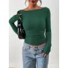 image:imagePRETTYGARDEN Long Sleeve Shirts for Women 2026 Fall Ruched Sides Boat Neck Basic Tee Casual Fitted Ribbed Knit Crop TopsDark Green