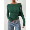 image:imagePRETTYGARDEN Long Sleeve Shirts for Women 2026 Fall Ruched Sides Boat Neck Basic Tee Casual Fitted Ribbed Knit Crop TopsDark Green