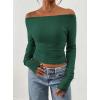 image:imagePRETTYGARDEN Long Sleeve Shirts for Women 2026 Fall Ruched Sides Boat Neck Basic Tee Casual Fitted Ribbed Knit Crop TopsDark Green