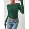 image:imagePRETTYGARDEN Long Sleeve Shirts for Women 2026 Fall Ruched Sides Boat Neck Basic Tee Casual Fitted Ribbed Knit Crop TopsDark Green