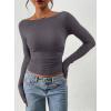 image:imagePRETTYGARDEN Long Sleeve Shirts for Women 2026 Fall Ruched Sides Boat Neck Basic Tee Casual Fitted Ribbed Knit Crop TopsDark Grey