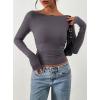 image:imagePRETTYGARDEN Long Sleeve Shirts for Women 2026 Fall Ruched Sides Boat Neck Basic Tee Casual Fitted Ribbed Knit Crop TopsDark Grey