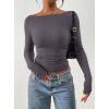 image:imagePRETTYGARDEN Long Sleeve Shirts for Women 2026 Fall Ruched Sides Boat Neck Basic Tee Casual Fitted Ribbed Knit Crop TopsDark Grey